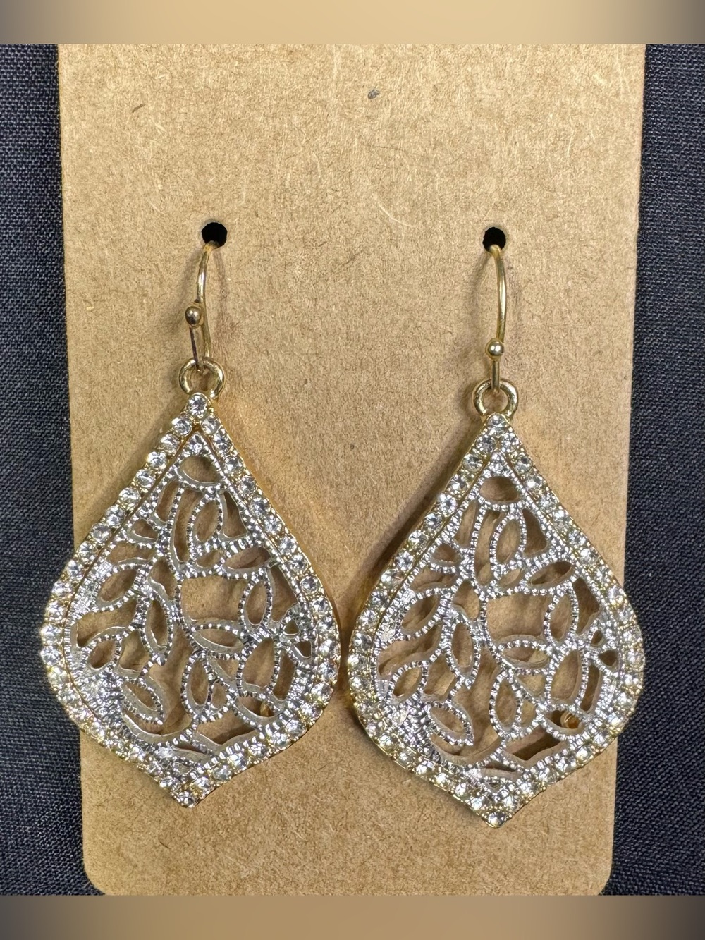 Gold and Silver Tone Filigree Teardrop Dangle Earrings with Clear Crystals